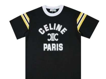 YESKICKS Celine Color Clash Logo Letter Print T-Shirt for Unisex Black And White