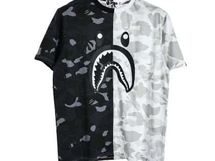 YESKICKS Bape Black And Gray Color Clash Cartoon Print T-Shirt for Unisex