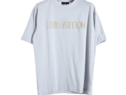 YESKICKS Louis Vuitton Embroidered Logo Letter T-Shirt For Unisex Grayish Blue And White