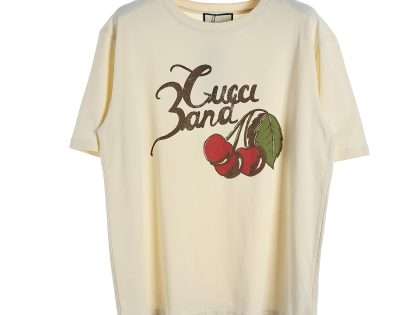 YESKICKS Gucci Cherry Letter Print Short Sleeve T-Shirt for Unisex Black And Apricot