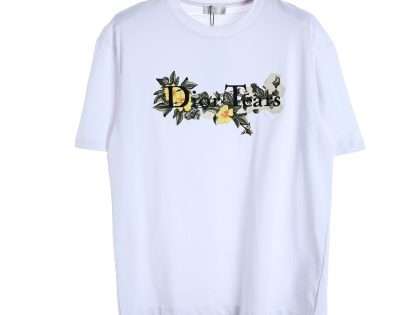 YESKICKS Dior Art Floral Embroidery Letter Short Sleeve T-Shirt For Unisex Black And White