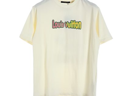 YESKICKS Louis Vuitton Colorful Graffiti Logo Cartoon Foam Printed T-Shirt For Unisex Black And Apricot