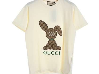 YESKICKS Gucci Floral Bunny Patch Embroidered T-Shirt For Unisex Black And Apricot