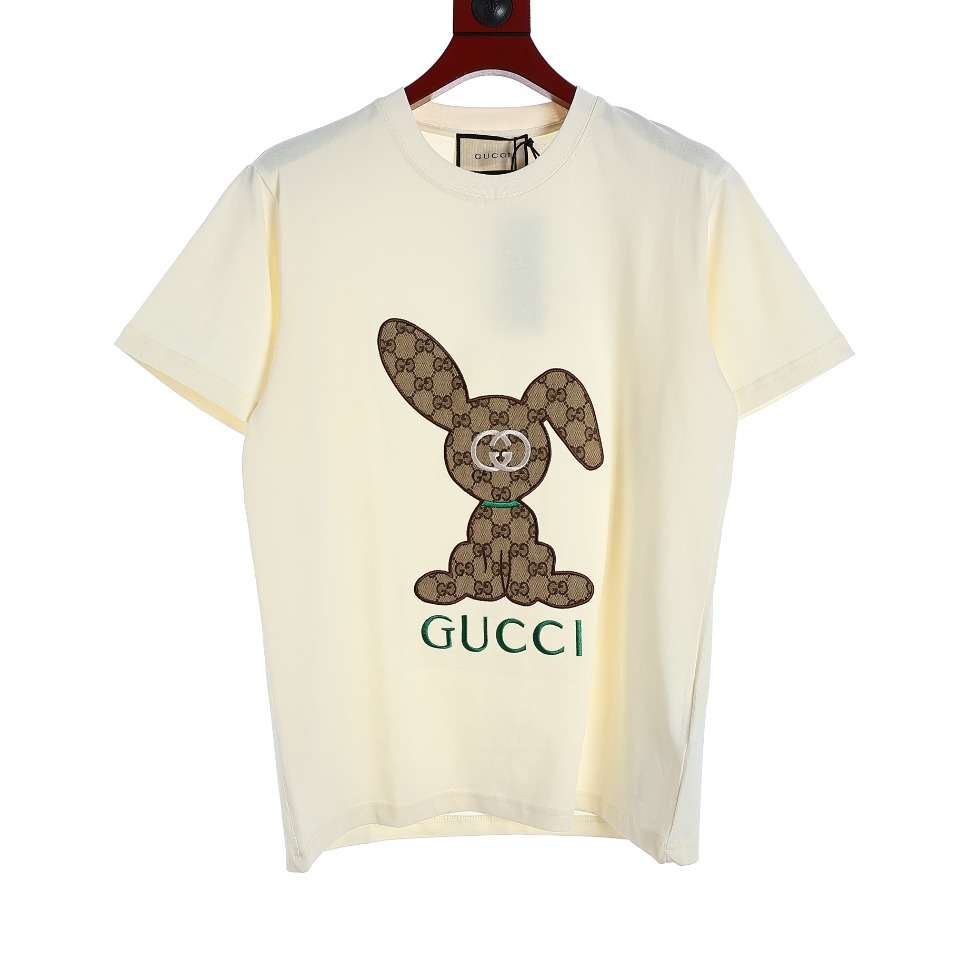 YESKICKS Gucci Floral Bunny Patch Embroidered T-Shirt For Unisex Black And Apricot