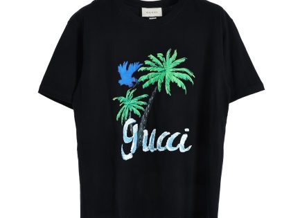 YESKICKS Gucci Coconut Tree Print T-Shirt For Unisex Black And Apricot