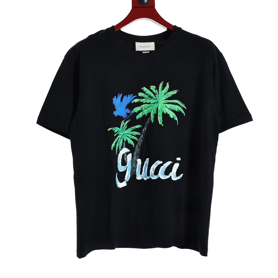 YESKICKS Gucci Coconut Tree Print T-Shirt For Unisex Black And Apricot