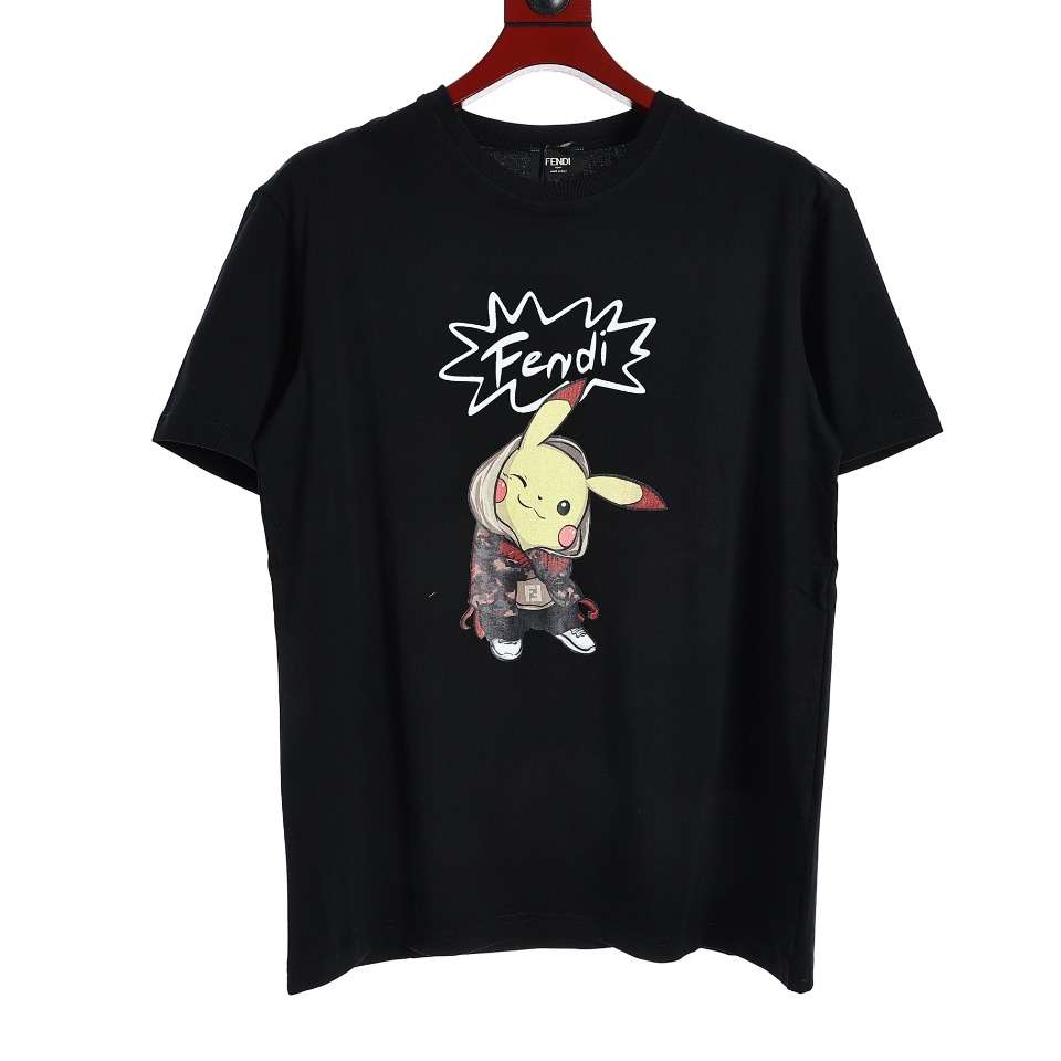 YESKICKS Fendi Pikachu Print T-Shirt For Unisex Black And White