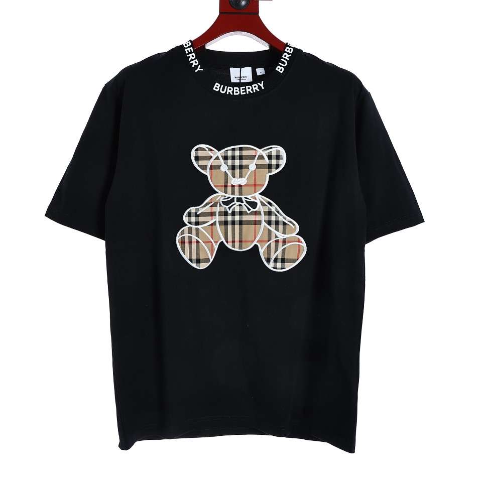 YESKICKS Burberry Teddy Bear Plaid Patch Embroidered T-Shirt For Unisex Black And White