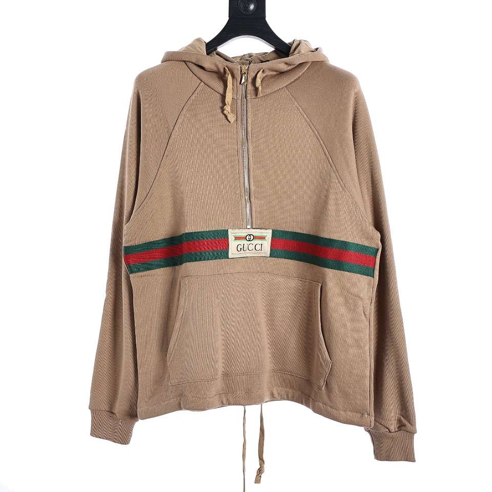 YESKICKS Gucci Red and Green Webbing Half Zip Long Sleeve Hoodie For Unisex Black And Brown