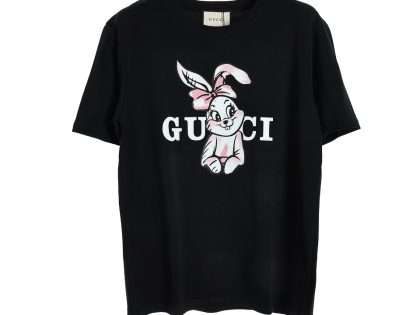 YESKICKS Gucci Pink Lady Rabbit Short Sleeve T-Shirt For Unisex Black And Apricot