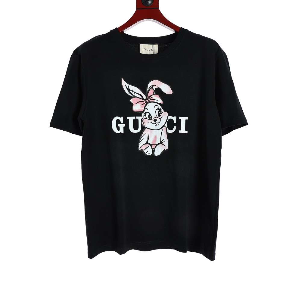 YESKICKS Gucci Pink Lady Rabbit Short Sleeve T-Shirt For Unisex Black And Apricot