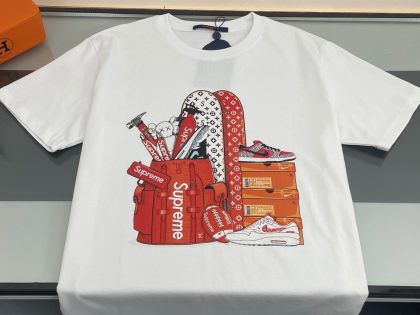 YESKICKS LV x Supreme Colorful Pattern Printing Casual T-shirt for Unisex Black and White