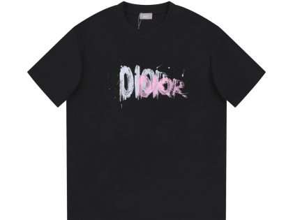 YESKICKS Dior Logo Print Casual T-shirt for Unisex Black And White