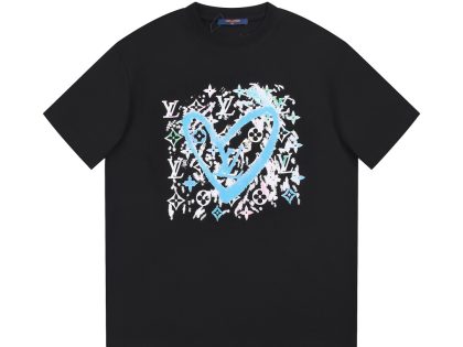 YESKICKS Louis Vuitton Love Element Pattern Print T-shirt for Unisex Black and Apricot
