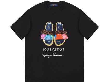 YESKICKS Louis Vuitton Slippers Cartoon Print T-Shirt For Unisex Black And White
