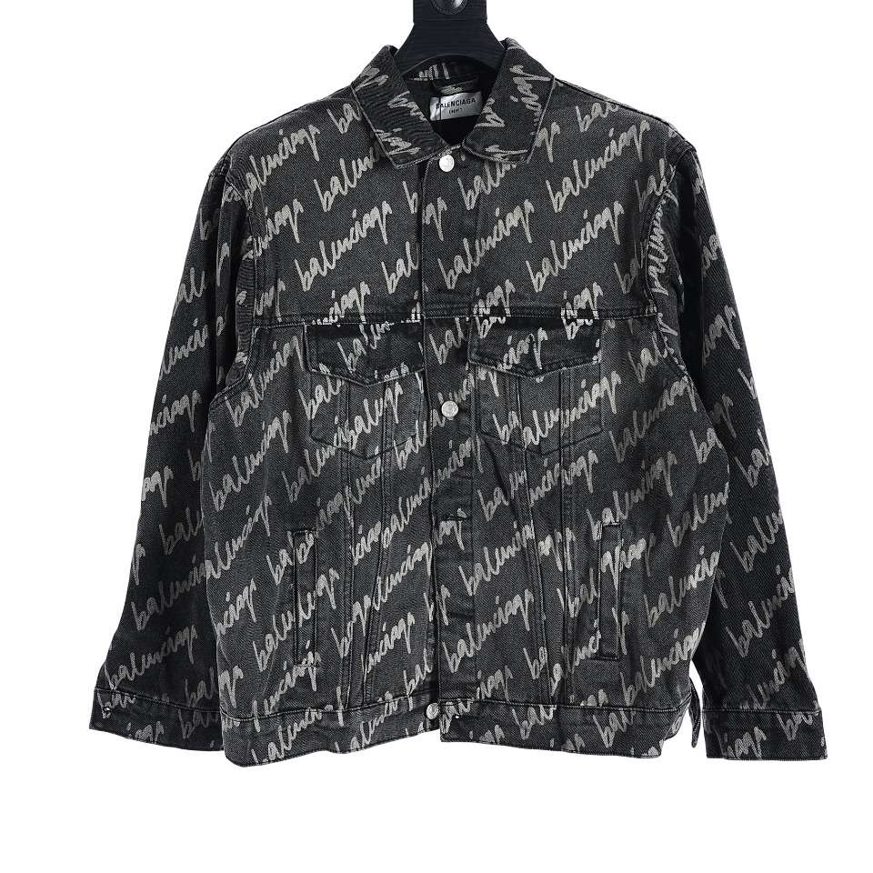 YESKICKS Balenciaga Monogram Graffiti Denim Jacket For Unisex Black And Blue - Image 10