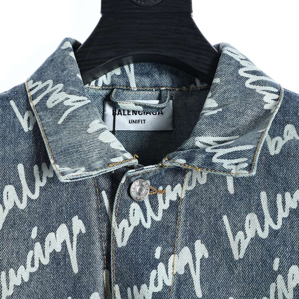 YESKICKS Balenciaga Monogram Graffiti Denim Jacket For Unisex Black And Blue - Image 2