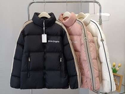 YESKICKS Moncler x Palm Angels Arm Color Stripe Embroidered Logo Down Jacket For Unisex Black White And Pink