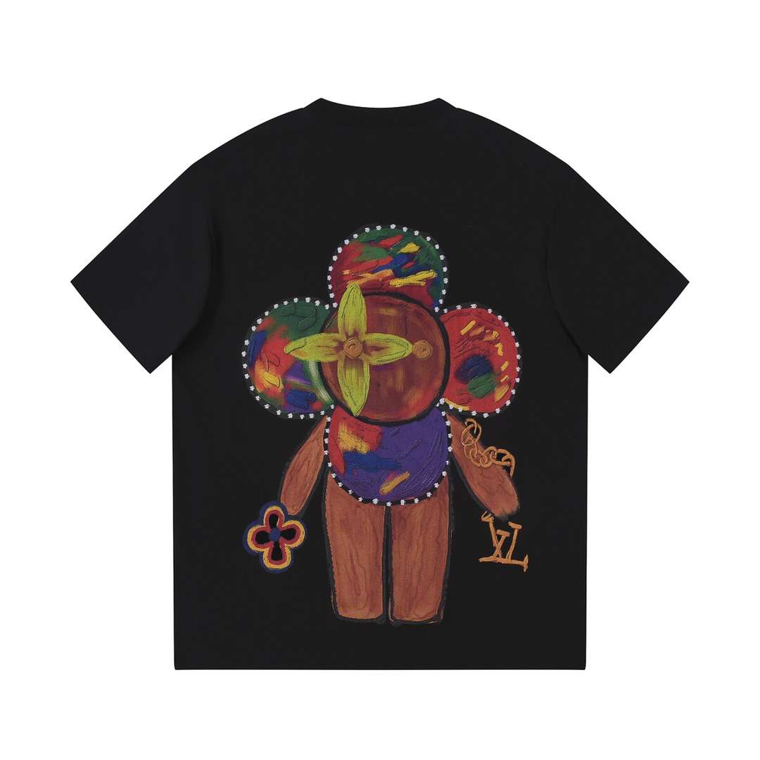 YESKICKS Louis Vuitton Color Clash Flower Print T-Shirt For Unisex Black And White - Image 2