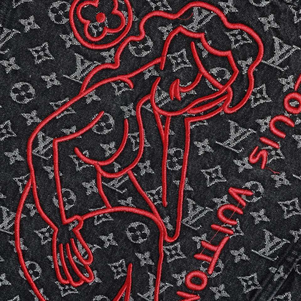 YESKICKS Louis Vuitton Monogram Little Red Man Jacquard Embroidery Denim Jacket For Unisex - Image 3