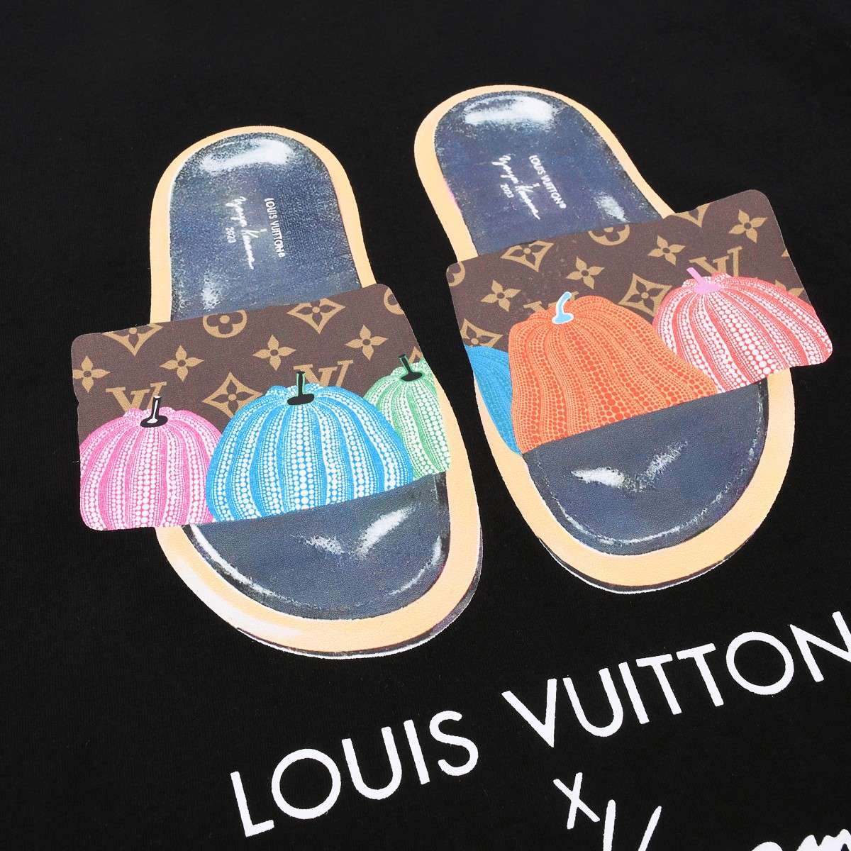 YESKICKS Louis Vuitton Slippers Cartoon Print T-Shirt For Unisex Black And White - Image 3