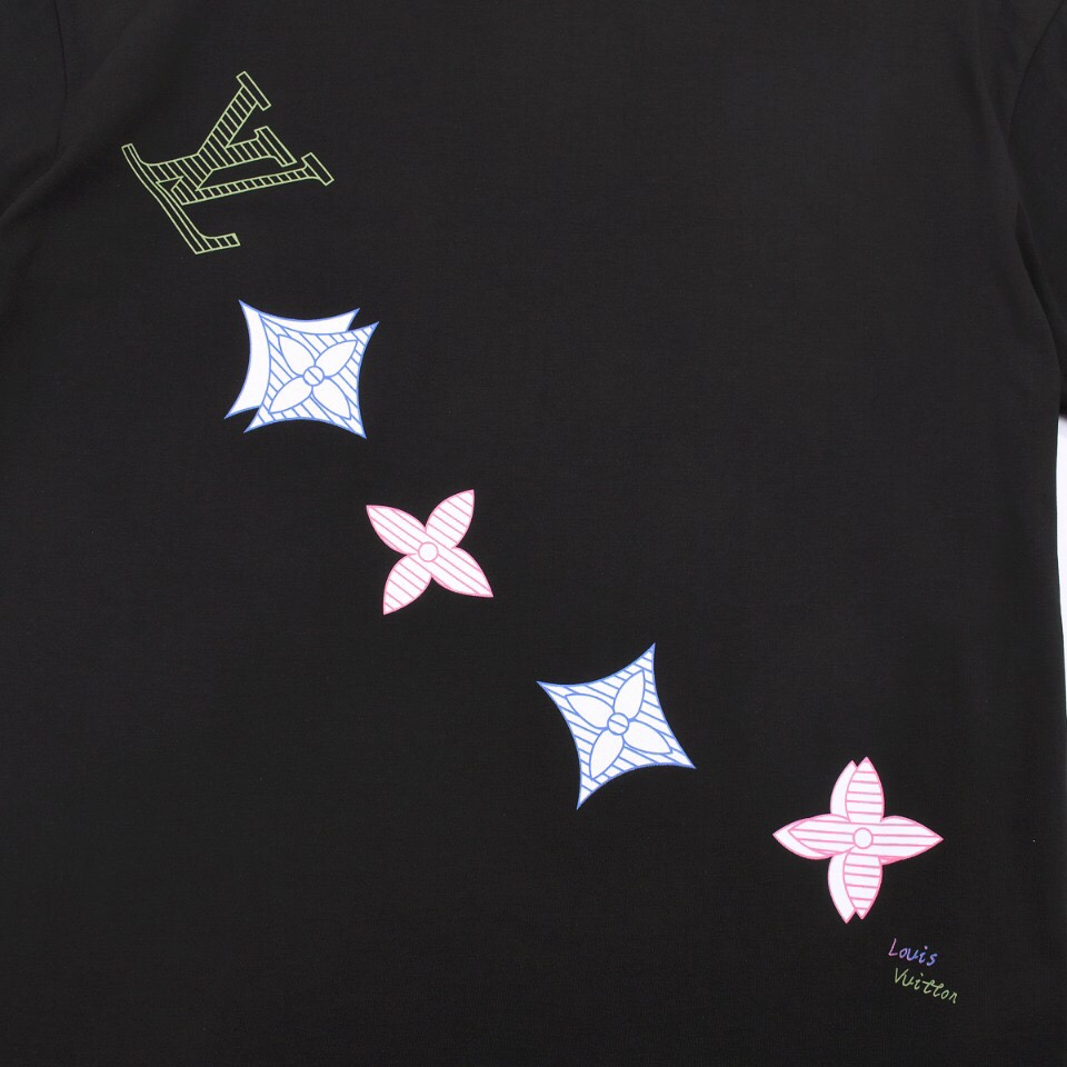 YESKICKS Louis Vuitton Color Clash Logo Flower Print T-Shirt For Unisex Black - Image 3