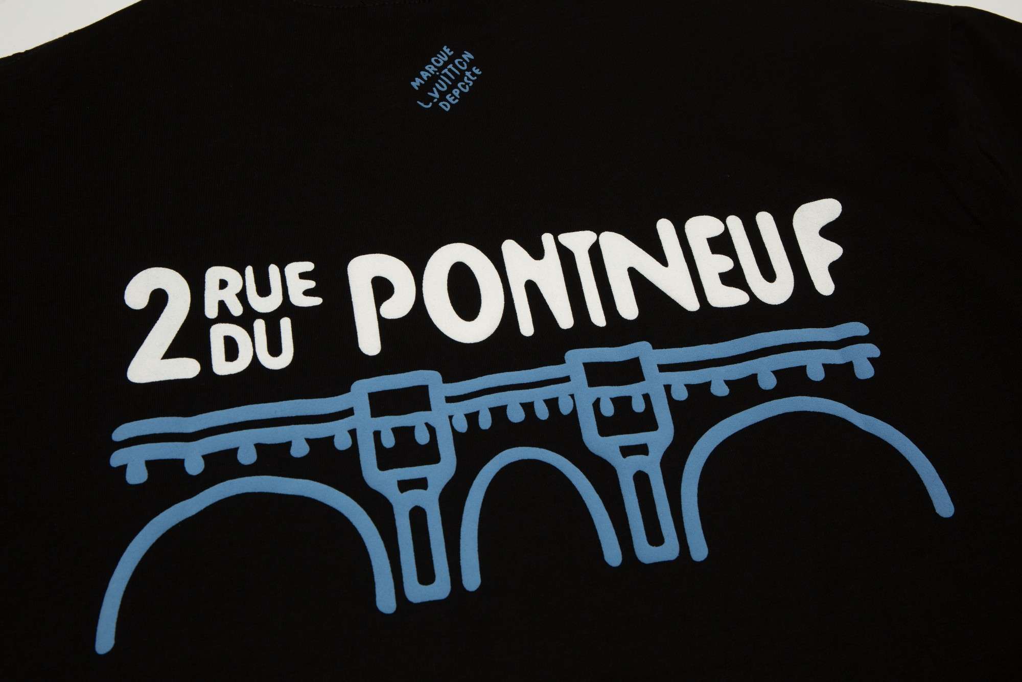 YESKICKS Louis Vuitton Cartoon Bridge Print T-Shirt For Unisex Black And White - Image 4