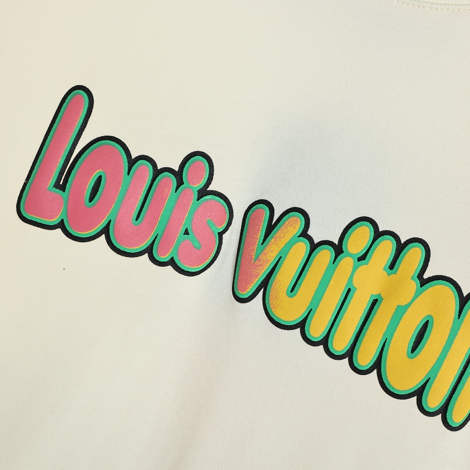 YESKICKS Louis Vuitton Colorful Graffiti Logo Cartoon Foam Printed T-Shirt For Unisex Black And Apricot - Image 4