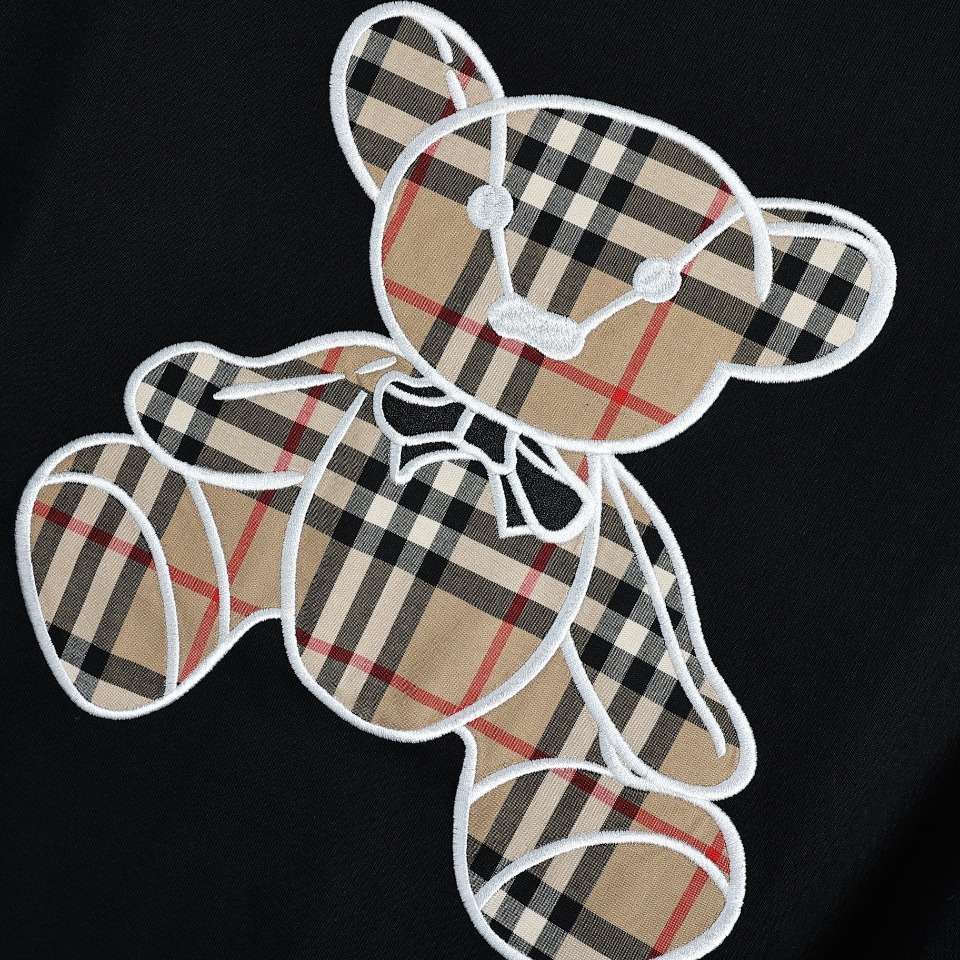 YESKICKS Burberry Teddy Bear Plaid Patch Embroidered T-Shirt For Unisex Black And White - Image 4