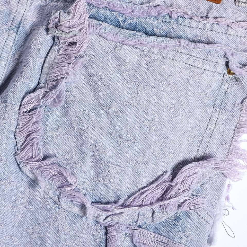 YESKICKS Louis Vuitton Jacquard Washed Purple Fringed Denim Trousers For Unisex - Image 4