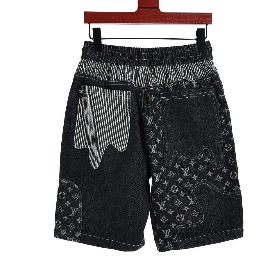 YESKICKS Louis Vuitton Colorblocked Logo Embroidered ShortsColorblocked Stitched Denim Shorts Pants For Unisex - Image 5