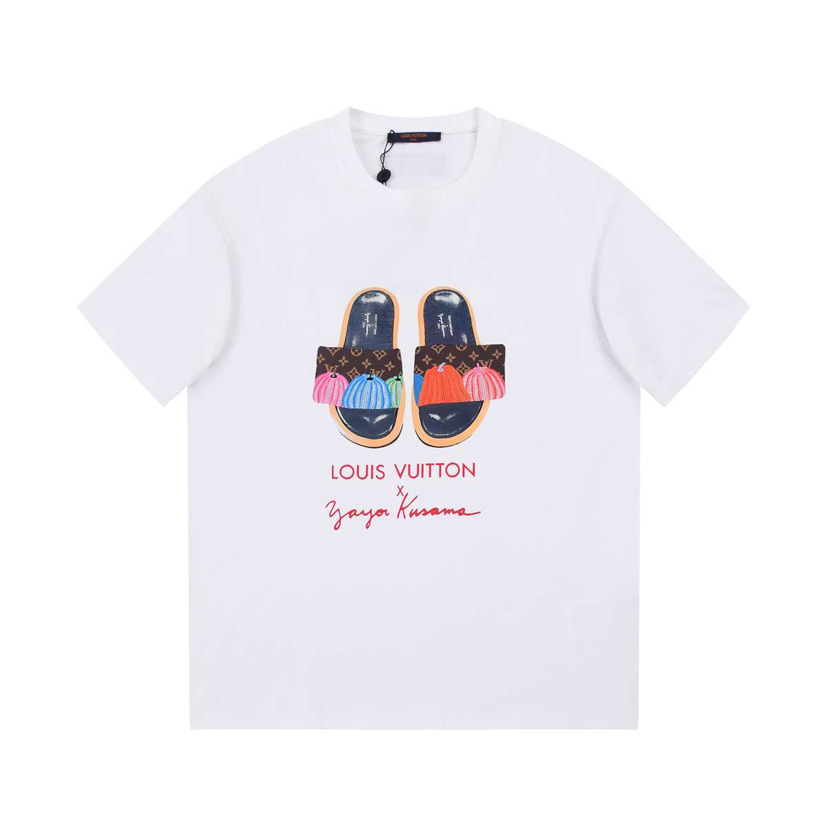 YESKICKS Louis Vuitton Slippers Cartoon Print T-Shirt For Unisex Black And White - Image 5