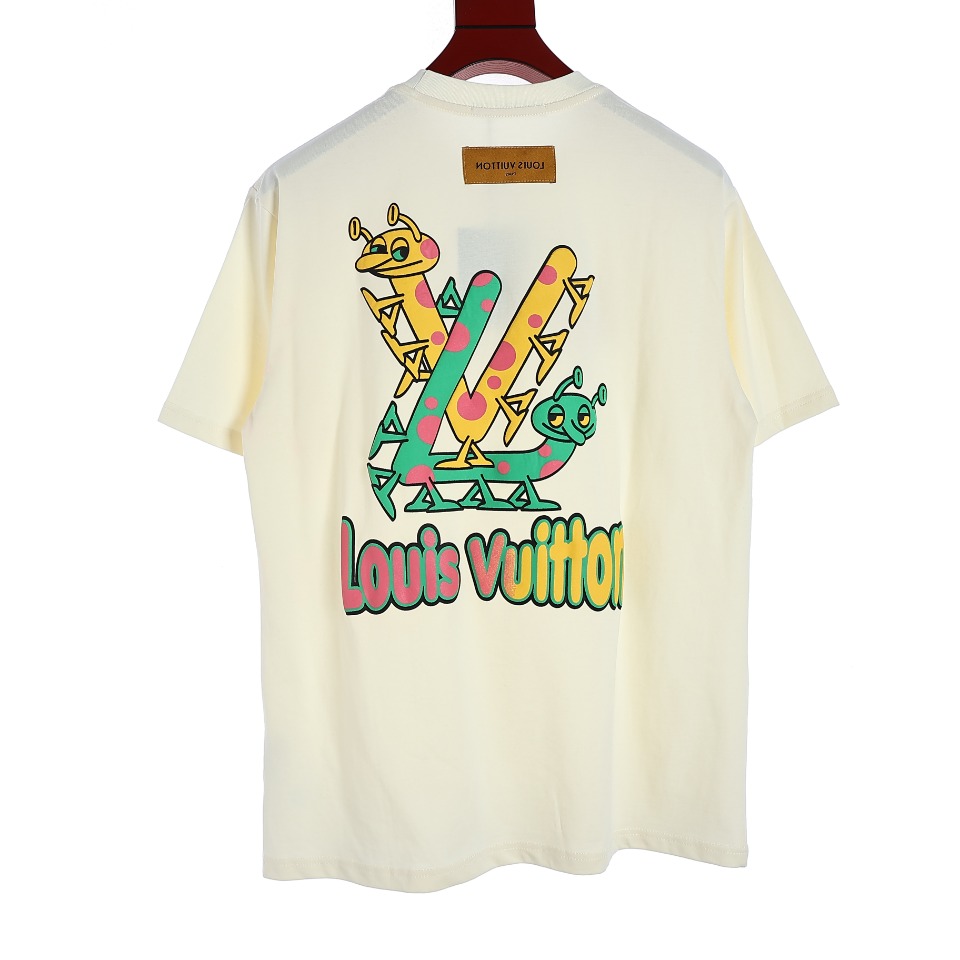 YESKICKS Louis Vuitton Colorful Graffiti Logo Cartoon Foam Printed T-Shirt For Unisex Black And Apricot - Image 6