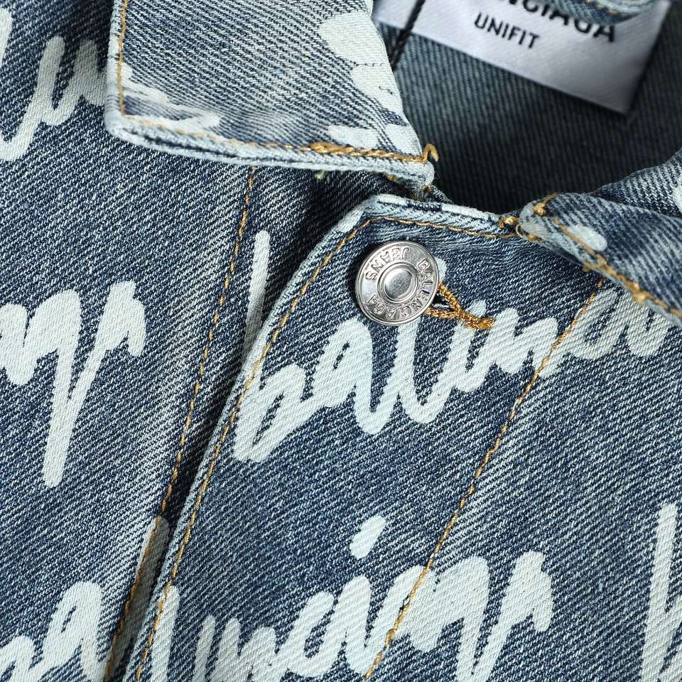 YESKICKS Balenciaga Monogram Graffiti Denim Jacket For Unisex Black And Blue - Image 6