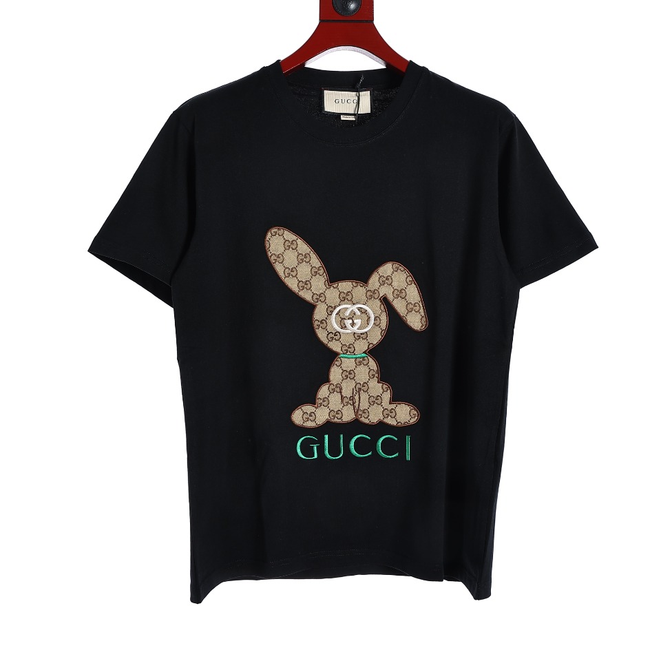 YESKICKS Gucci Floral Bunny Patch Embroidered T-Shirt For Unisex Black And Apricot - Image 7