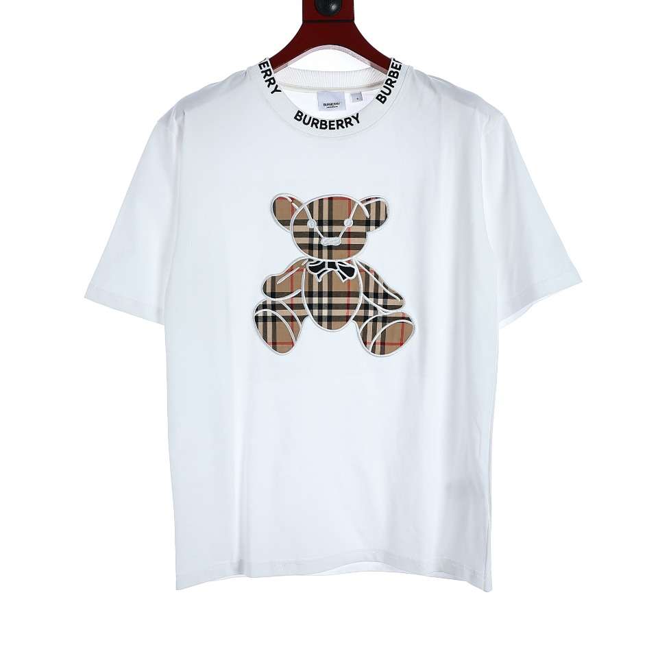 YESKICKS Burberry Teddy Bear Plaid Patch Embroidered T-Shirt For Unisex Black And White - Image 7
