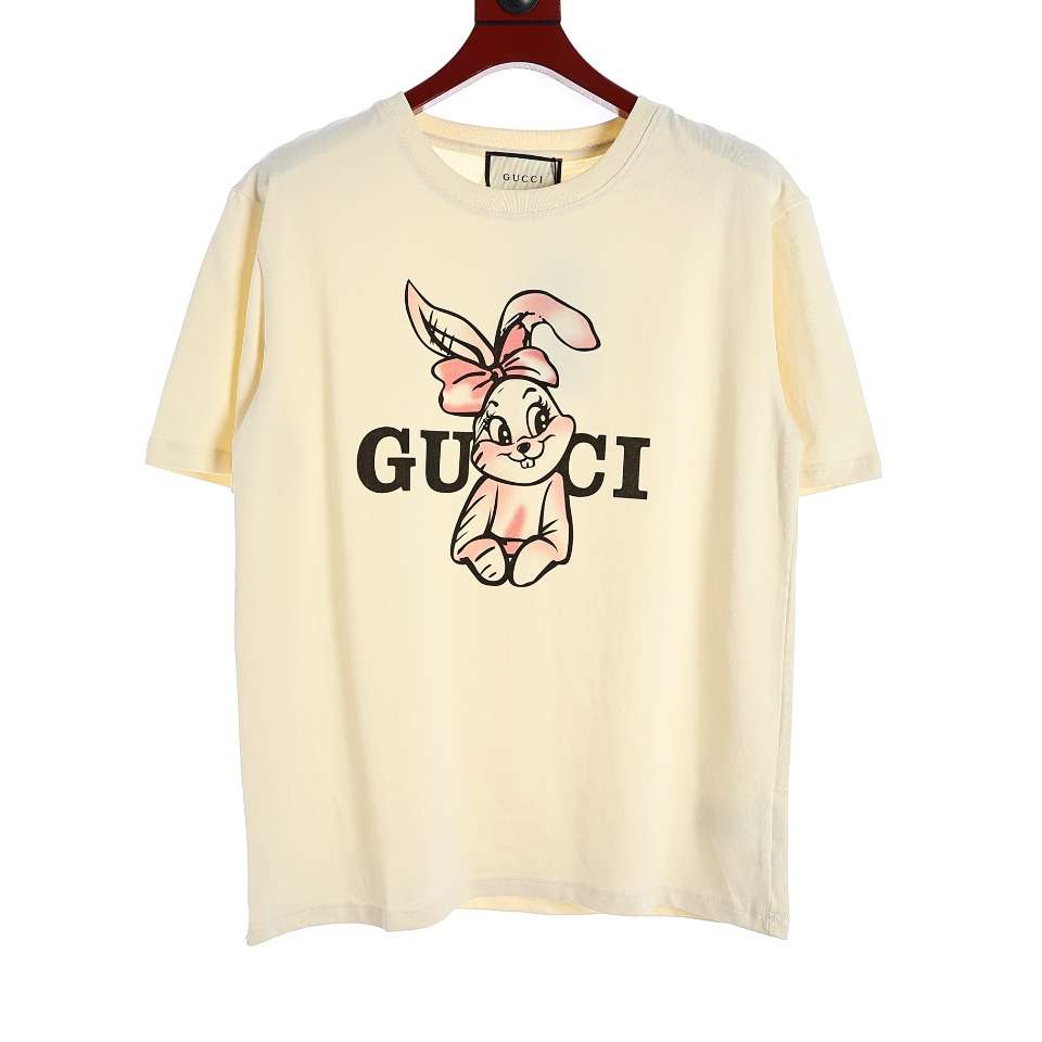 YESKICKS Gucci Pink Lady Rabbit Short Sleeve T-Shirt For Unisex Black And Apricot - Image 7