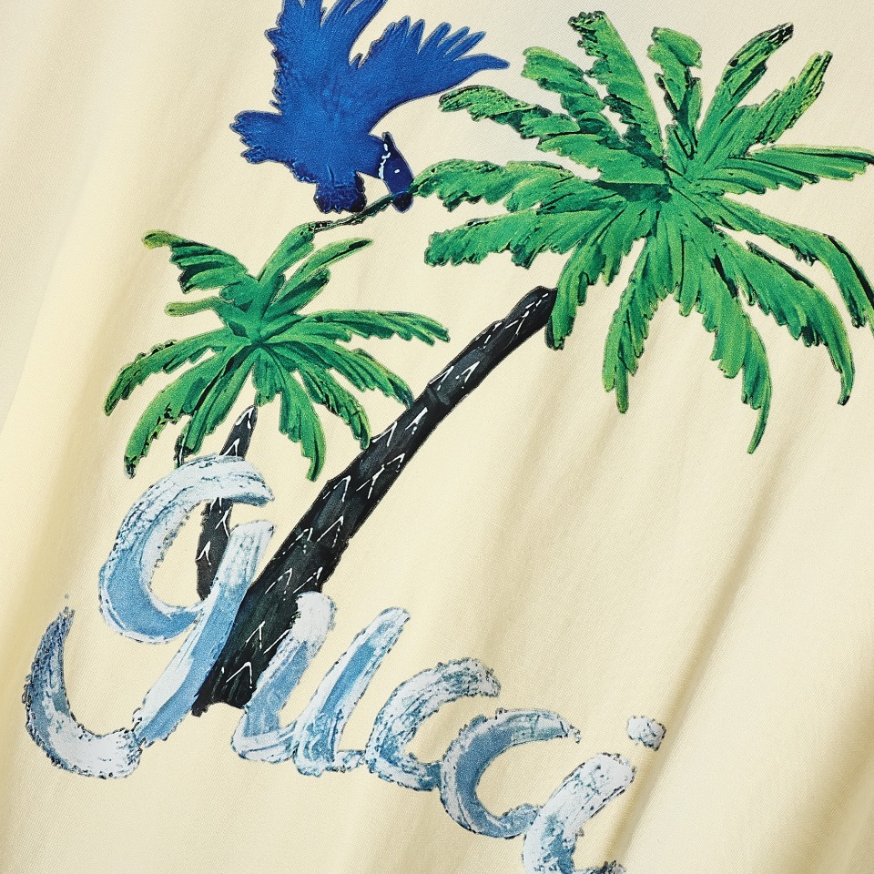 YESKICKS Gucci Coconut Tree Print T-Shirt For Unisex Black And Apricot - Image 8