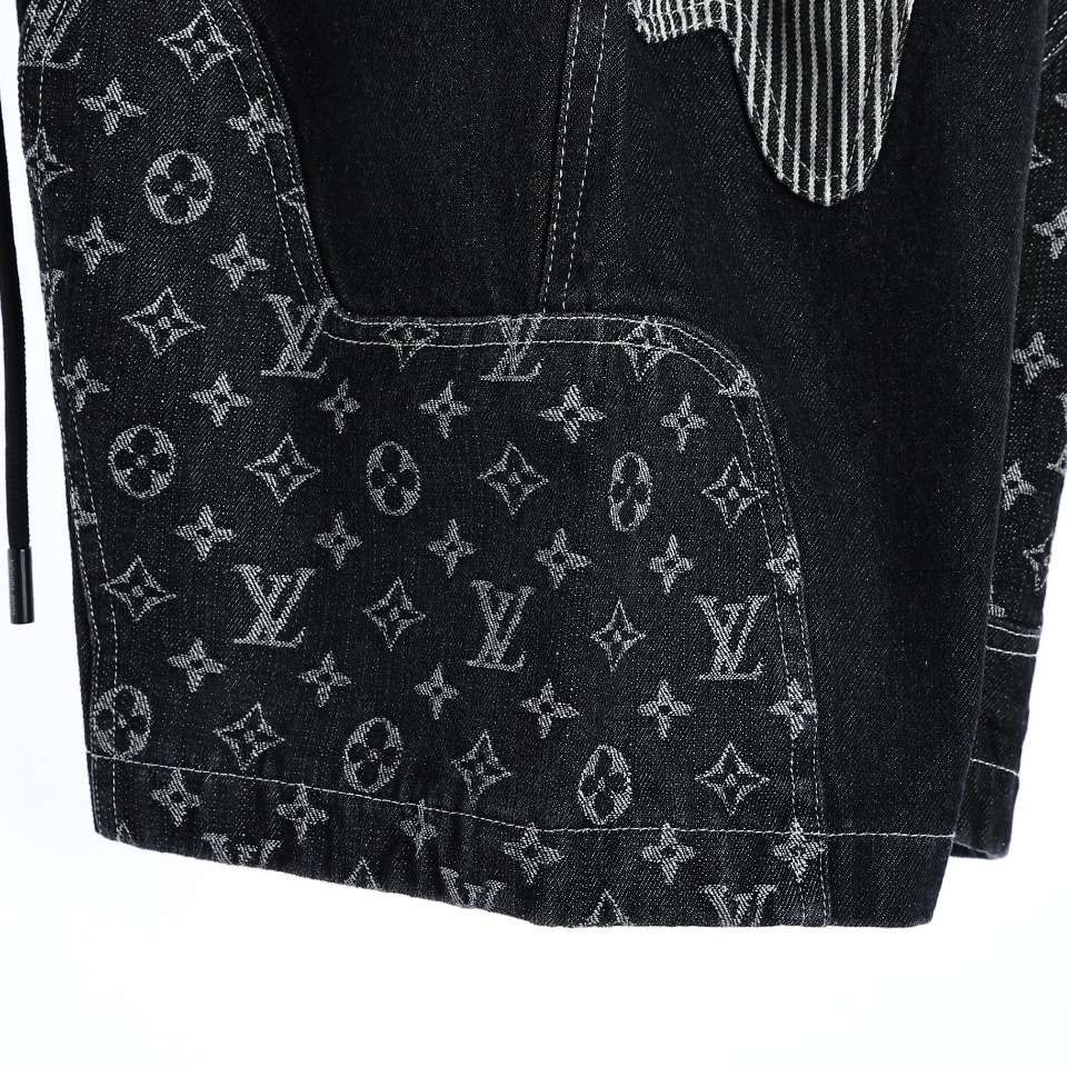 YESKICKS Louis Vuitton Colorblocked Logo Embroidered ShortsColorblocked Stitched Denim Shorts Pants For Unisex - Image 8