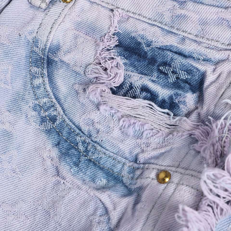 YESKICKS Louis Vuitton Jacquard Washed Purple Fringed Denim Trousers For Unisex - Image 8