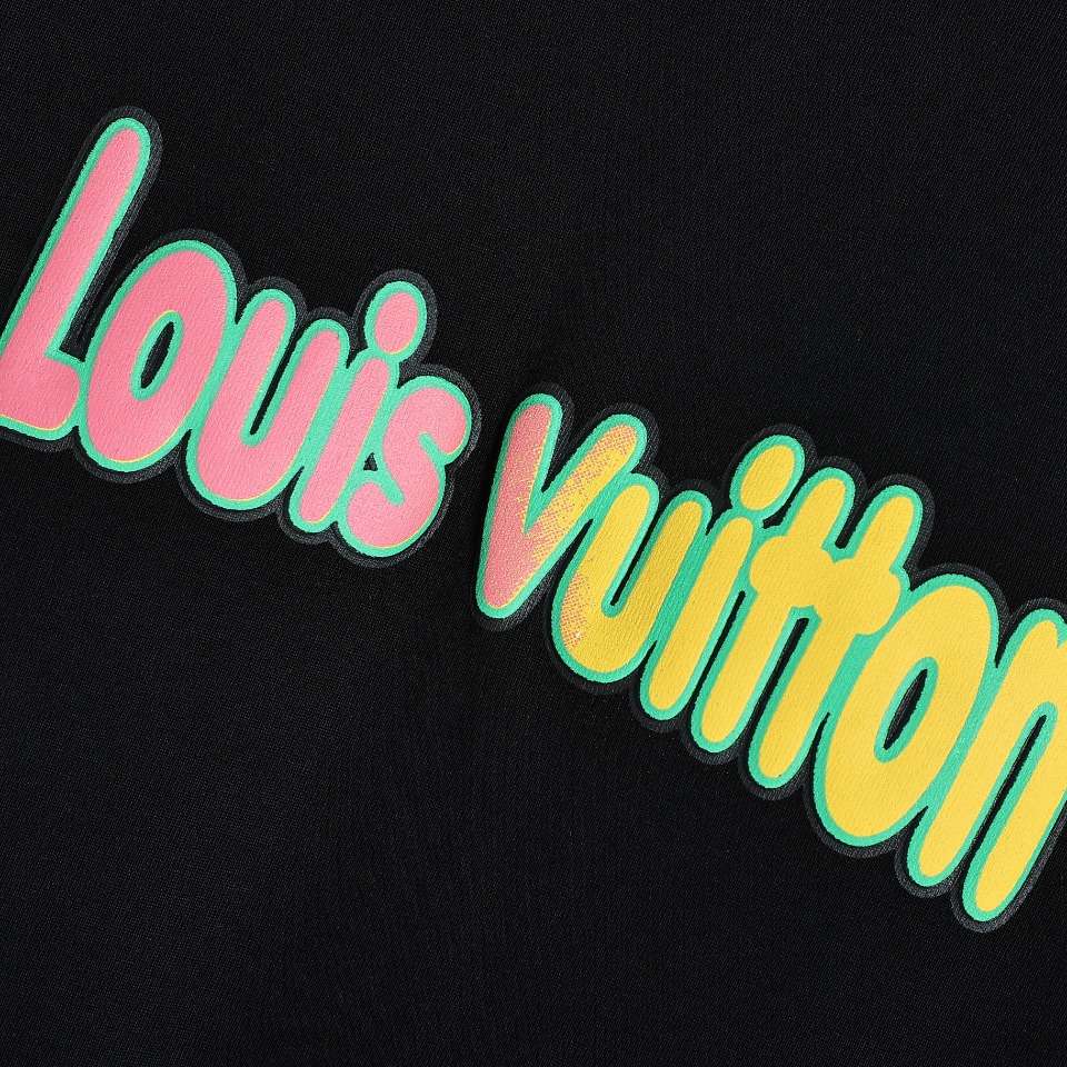 YESKICKS Louis Vuitton Colorful Graffiti Logo Cartoon Foam Printed T-Shirt For Unisex Black And Apricot - Image 9