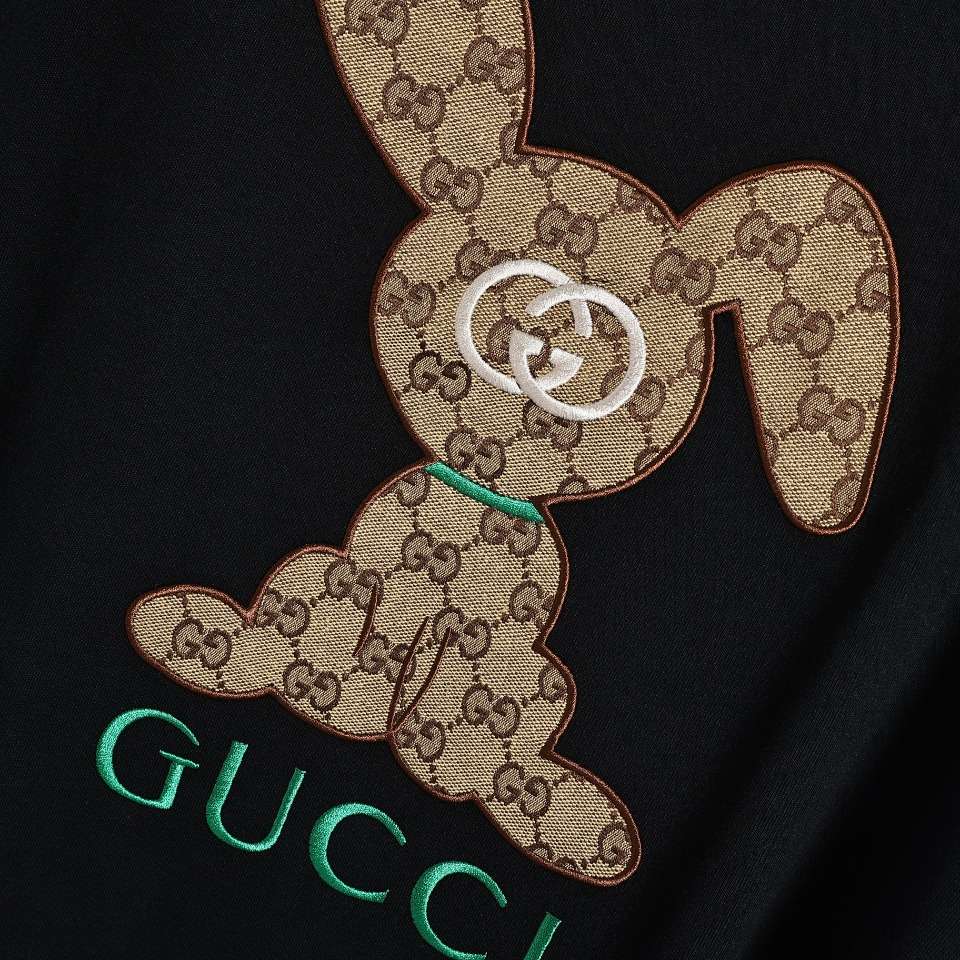 YESKICKS Gucci Floral Bunny Patch Embroidered T-Shirt For Unisex Black And Apricot - Image 9