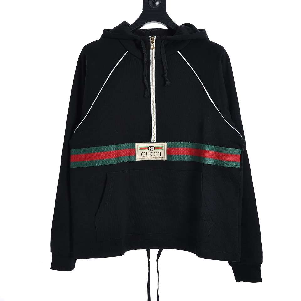 YESKICKS Gucci Red and Green Webbing Half Zip Long Sleeve Hoodie For Unisex Black And Brown - Image 9