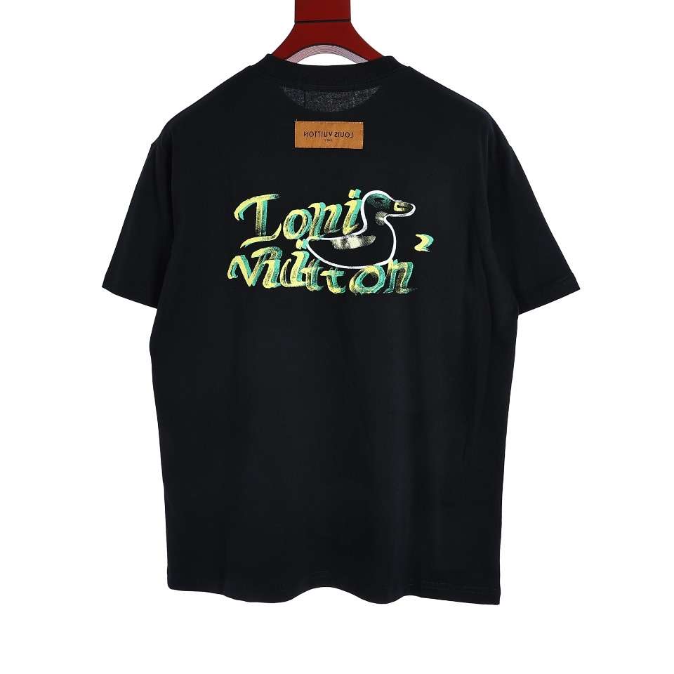 YESKICKS Louis Vuitton Hand Painted Duck on Back T-Shirt For Unisex Black And White - Image 9